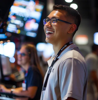 Smiling event coordinator at a sports event management services booth, ensuring seamless event execution.