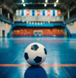 soccer ball on the floor of an indoor sports arena, symbolizing the precision of sports event management services.